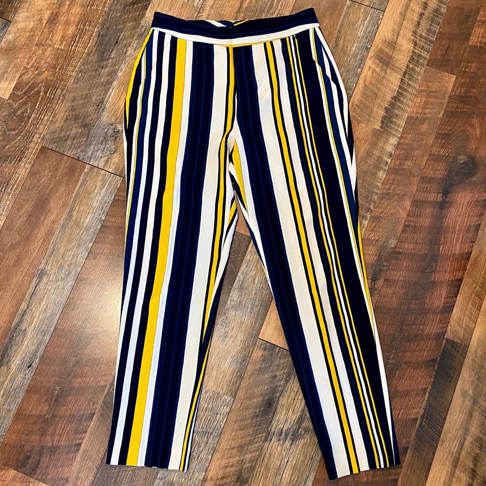 ZARA Blue/White/Yellow Striped Mid Rise Trousers - Picture 2 of 8